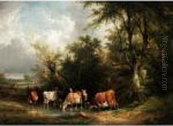 Cattle Watering In A Pool Oil Painting by Snr William Shayer