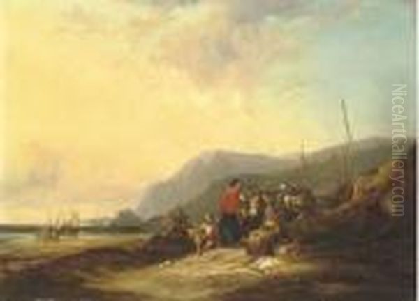 Coastal Landscape With Fisherfolk Resting At Dusk Oil Painting by Snr William Shayer