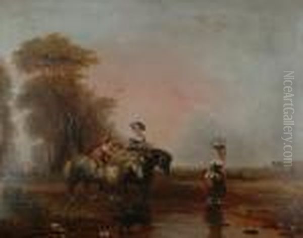 Figures On Horseback Crossing A Stream. Oil Painting by Snr William Shayer