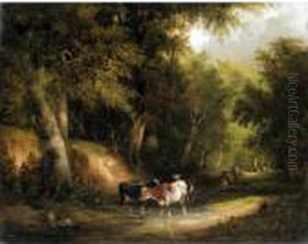 Cattle Watering Oil Painting by Snr William Shayer