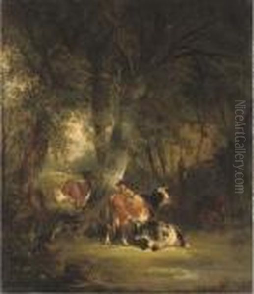 Wooded Landscape With A Drover And Cattle In The Foreground Oil Painting by Snr William Shayer