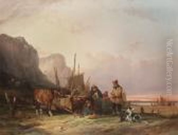 Mending The Nets Oil Painting by Snr William Shayer