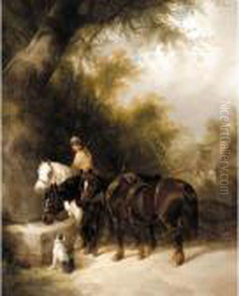 Watering The Horses Oil Painting by Snr William Shayer