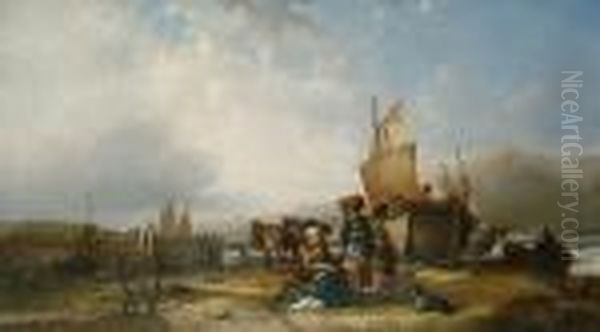 Fisherfolk, Boats And Horses On The Foreshore Oil Painting by Snr William Shayer