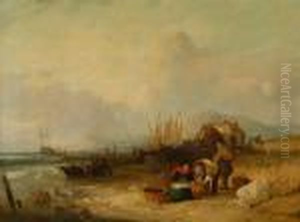 Sorting The Catch On The Beach Oil Painting by Snr William Shayer