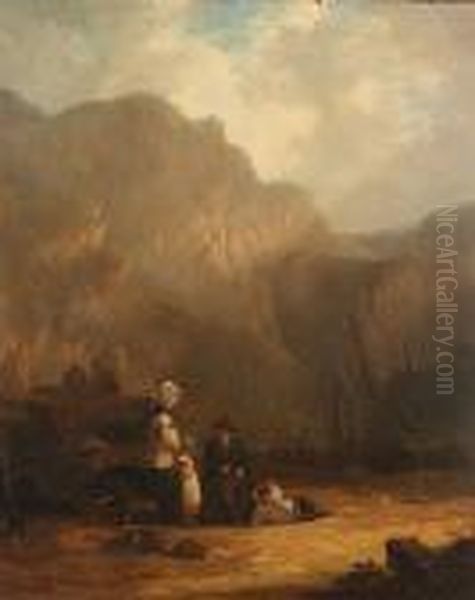 Fisherfolk Chatting On The Shore, Alum Bay Oil Painting by Snr William Shayer