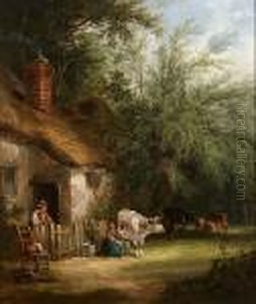 A Peasant Family Outside A Woodland Cottage Oil Painting by Snr William Shayer