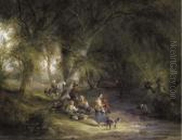 A Gypsy Encampment In A Wooded 
Landscape By A River, With Severalfigures, Donkeys And A Dog In The 
Foreground Oil Painting by Snr William Shayer