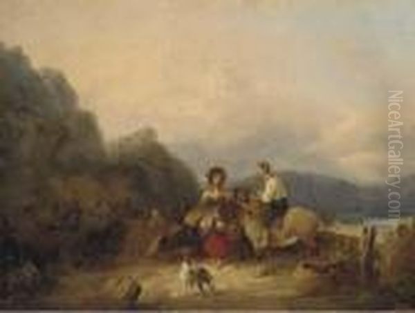 Fisherfolk On A Beach Oil Painting by Snr William Shayer