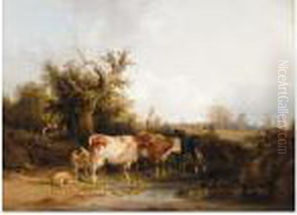 Cattle And Sheep By A Stream In A Landscape Oil Painting by Snr William Shayer