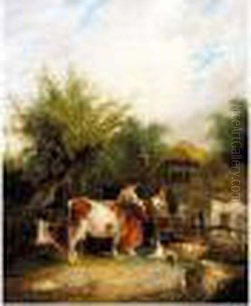 Two Women Washing Clothes Outside A Cottage Oil Painting by Snr William Shayer