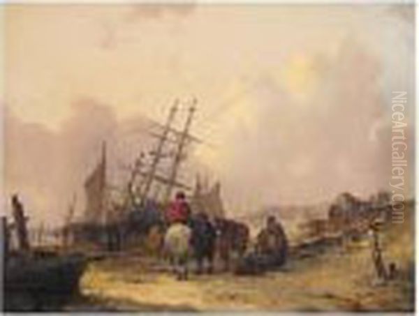 A Busy Coastline Oil Painting by Snr William Shayer