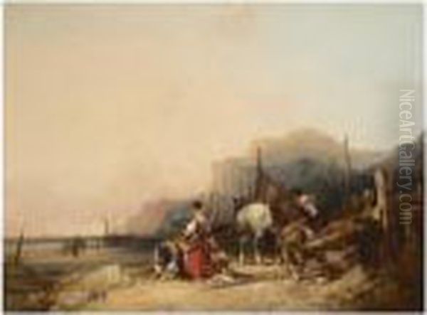 Unloading The Catch, Near Benchurch, Isle Of Wight Oil Painting by Snr William Shayer