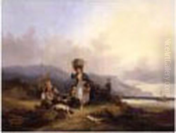 Fisherfolk By The Shore Oil Painting by Snr William Shayer