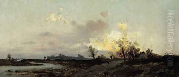 An extensive landscape in evening twilight Oil Painting by Emil Jakob Schindler