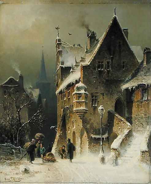 A Small Town in the Rhine Oil Painting by August Schliecker