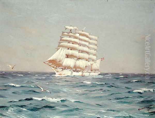 The Viking, a four-masted Barque Under Full Sail, 1910 Oil Painting by Thomas Jacques Somerscales