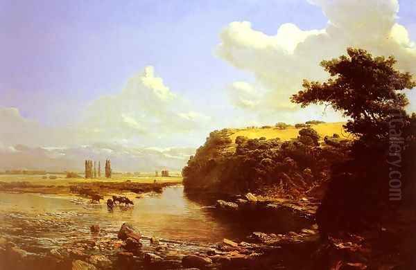 Cattle watering in a River Landscape, believed to be Chile Oil Painting by Thomas Jacques Somerscales