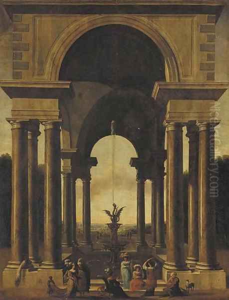 A classical portico with an elegant company gathered by a fountain Oil Painting by Jacobus Saeys