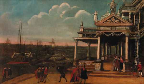 Figures by a loggia on a quay, shipping at anchor beyond Oil Painting by Jacobus Saeys