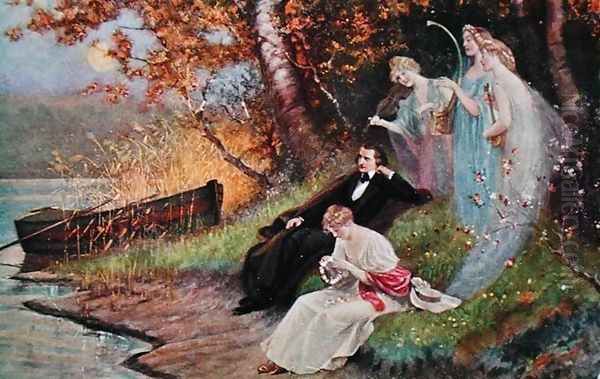 Postcard depicting Robert Schumann 1810-56 with Muses, c.1910 Oil Painting by Karl Schweninger