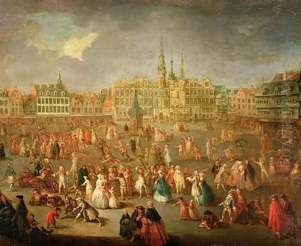 The Grand Place during Mardi Gras, Cambrai, 1765 Oil Painting by Gabriel Jacques de Saint-Anton