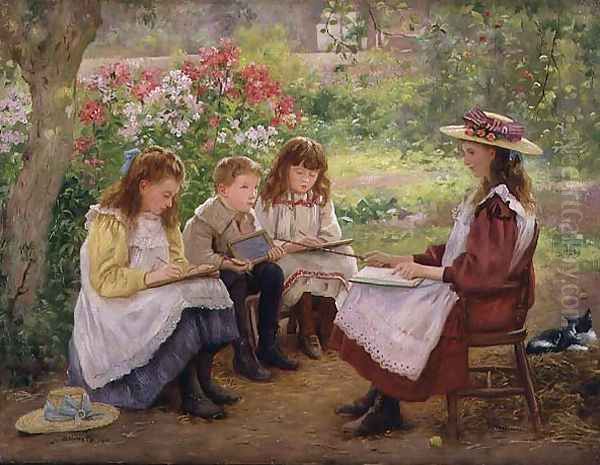 Lesson in the Garden, 1900 Oil Painting by Ada (nee Holland) Shirley-Fox