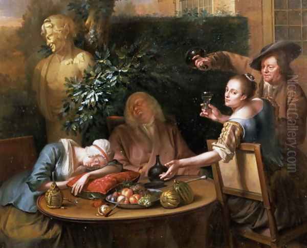 A peasant pours a drink for a woman while her husband and maid sleep, 1739 Oil Painting by Aert Schouman