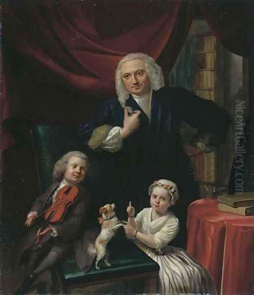 Portrait of a family, small, full-length, said to be Yoan van Wageningen (b. 1704) and children, Yan (b. 1733) and Cornelia (b. 1734), in an interior Oil Painting by Aert Schouman