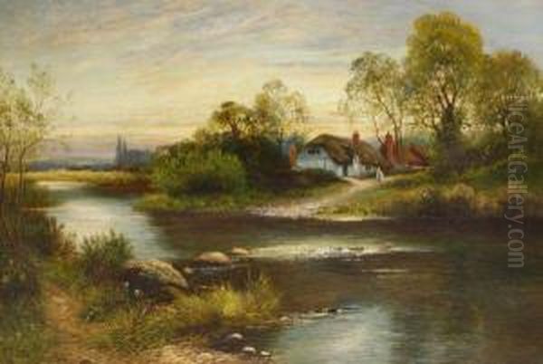 Figures By A Riverside Cottage Oil Painting by Daniel Sherrin