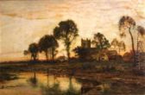 An Evening Landscape With A Church In The Distance Oil Painting by Daniel Sherrin