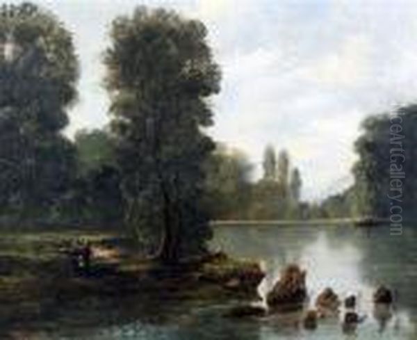 'tranquility'; Figures Beside A River Oil Painting by Daniel Sherrin