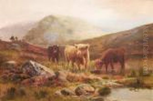 Highland Cattle In A Landscape, And Companionriver Landscape With Cottages Oil Painting by Daniel Sherrin