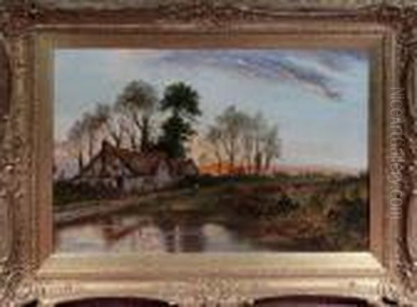 Country Cottages At Sunset With Children By A Pond In Theforeground Oil Painting by Daniel Sherrin