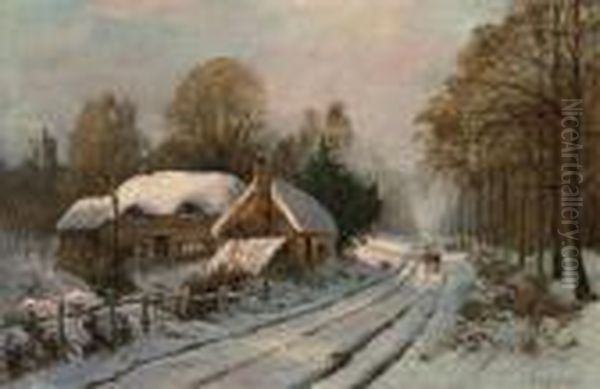 Figures On A Country Road Beside A Cottage In A Winterlandscape Oil Painting by Daniel Sherrin