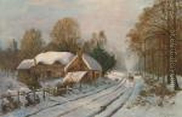 Figures On A Country Road Beside A Cottage In A Winter Landscape Oil Painting by Daniel Sherrin