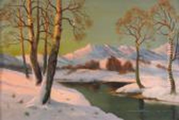 Sunset Over A Winter Landscape Oil Painting by Daniel Sherrin