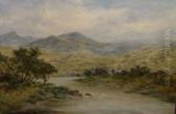 Scottish River And Mountain Landscape Oil Painting by Daniel Sherrin