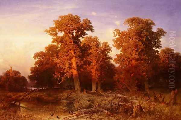 Sunset In A Hungarian Forest Oil Painting by August Schaeffer