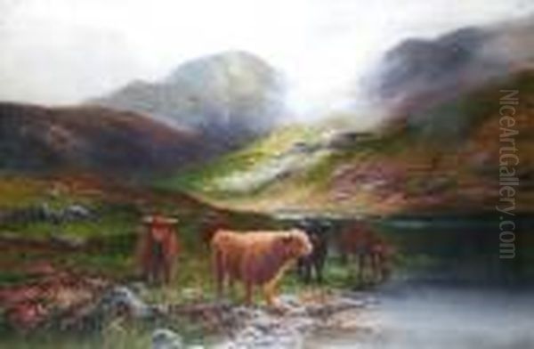 Highland Cattle By A Loch With Mountains Beyond Oil Painting by Daniel Sherrin