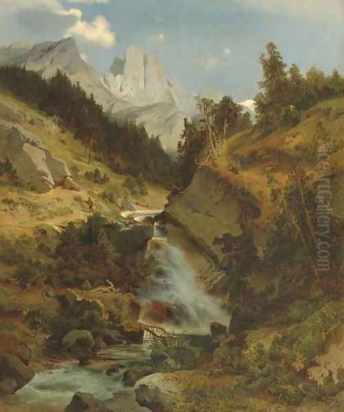 Mountain Lanscape with River Oil Painting by August Schaeffer