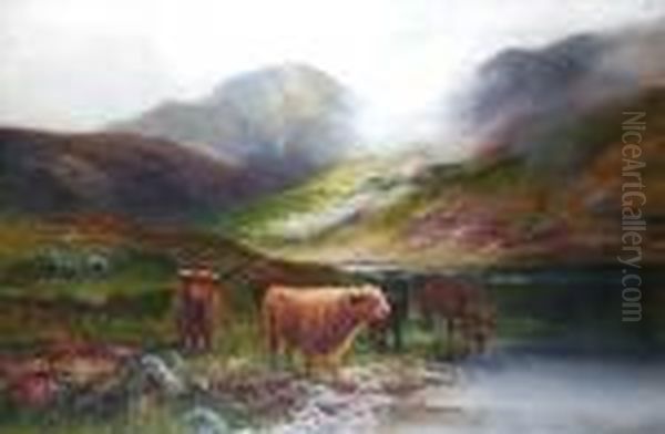 Highland Cattle By A Loch Oil Painting by Daniel Sherrin