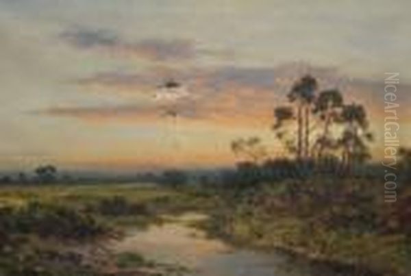 Figuresresting By The Shores Of A Stream At Sunset Oil Painting by Daniel Sherrin