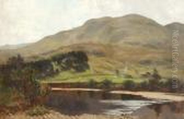 River Landscape With Cottage And Mountains Beyond, Bears Signature Oil Painting by Daniel Sherrin