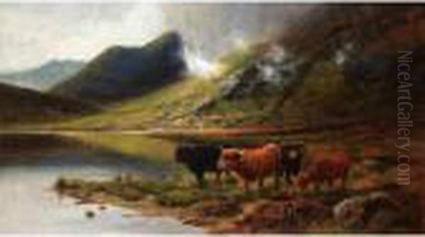 Highland Cattle On A Loch Oil Painting by Daniel Sherrin