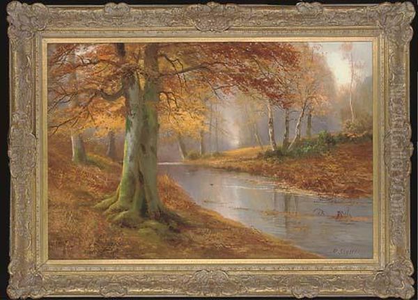 Autumnal Beeches By A Tranquil River Oil Painting by Daniel Sherrin