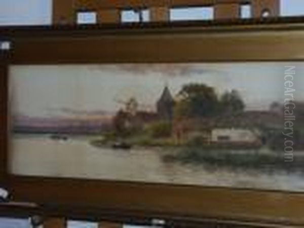 River Landscape, With Rowing Boat, Thatched Cottage And Church Oil Painting by Daniel Sherrin