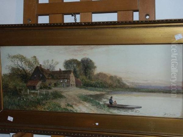 River Landscape, With Rowing Boat And Farm House Oil Painting by Daniel Sherrin