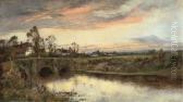 Figures On A Bridge At Sunset Oil Painting by Daniel Sherrin