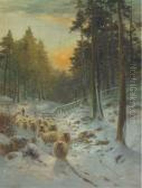 A Shepherd And His Flock In A Winter Landscape, Dawn Oil Painting by Daniel Sherrin